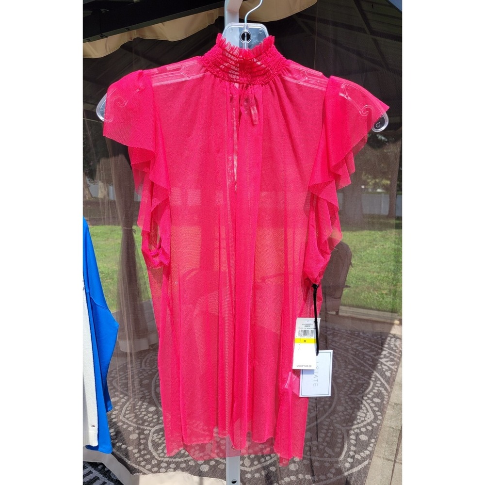 1 State Mock Neck Ruffle Sleeve Red Sheer Cocktail Party Top (Medium) NWT - Picture 4 of 6